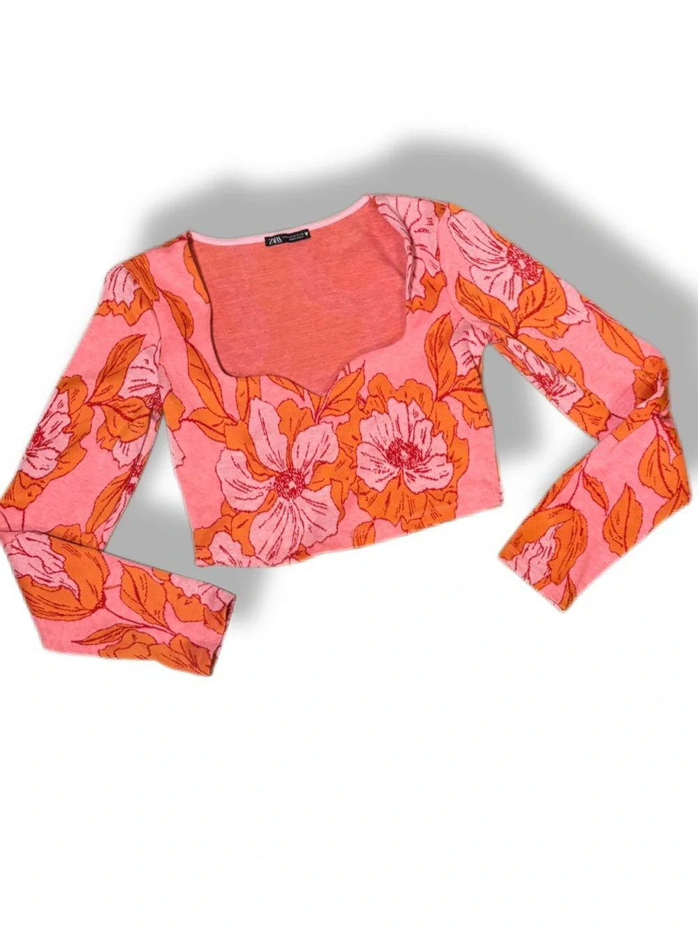 Zara Pink & Orange Floral Jacquard Knit Crop Top
